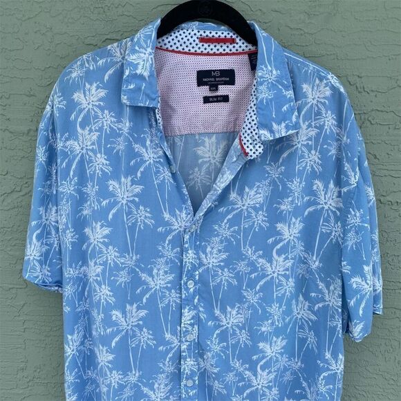 Michael Brandon Men's XXL Slim Fit Blue Palm Tree Print Button-Up Shirt - Picture 3 of 8